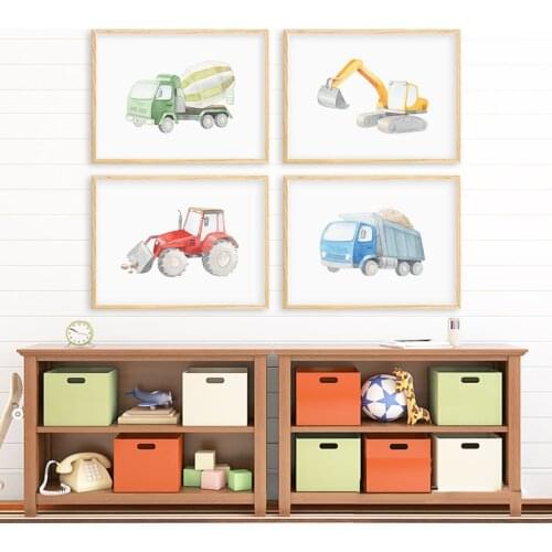 Cars Tracktor and Tracks Nursery Wall Art Canvas Painting Transportation Poster Print Pictures for Baby Boy Room Decorative