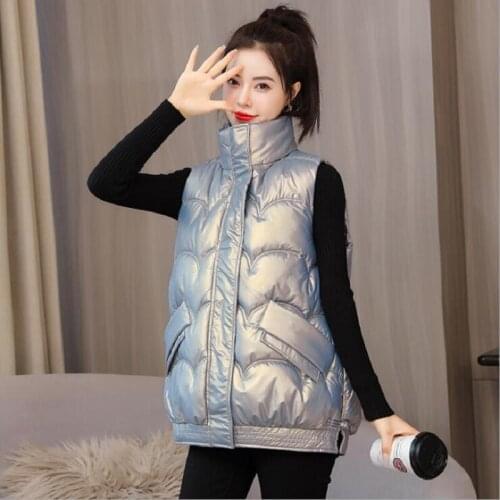 Shiny Winter Vest Loose Plus Size Women Zipper Stand Collar Pockets Ladies Causal Sleeveless Jacket Waistcoat for Female 2021