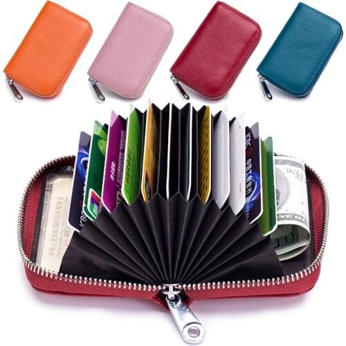 Genuine Leather Card Holder Solid Color 12 Cards Slots for Women Men Zipper Cowhide RFID Cards Wallet Small Coin Purse Tarjetero