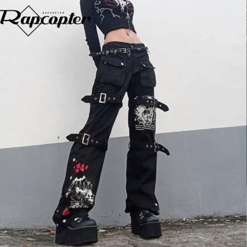 Rapcopter Bandage Goth Black Jeans Pockets Printed y2k Denim Trousers Vintage Low Waisted Baggy Casual Cargo Pants Women Korean