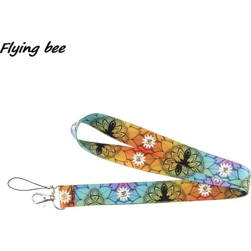 Flyingbee Yoga Beautiful Flower Painting Art Key Chain Lanyard Neck Strap For Phone Keys ID Card Creative Lanyards X1265