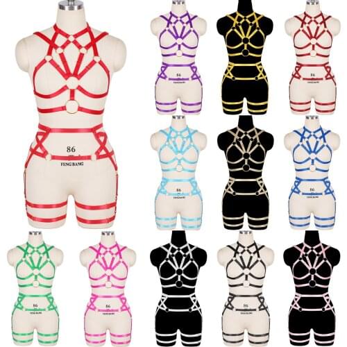 Goth Dance Rave Full Strappy Harness Set Hollow Out Women Body Cross Cage Bra Cupless Elastic Adjust Lingerie Fetish Plus Size