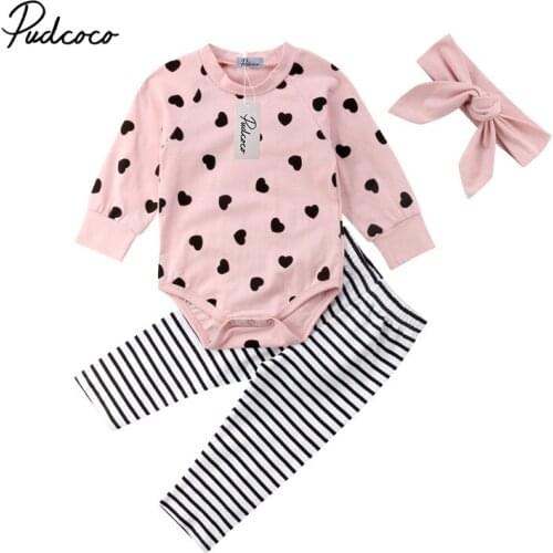 Newest 2019 Cute Newborn Baby Girl Outfits Set Cotton Bodysuits Jumpsuit +long Pant +Headband Autumn Heart Active Clothes 0-24M