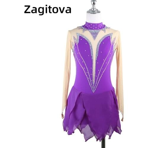 Figure skating costume children girls Skating Dress Adult high collar long sleeve purple petal skirt with shining diamonds