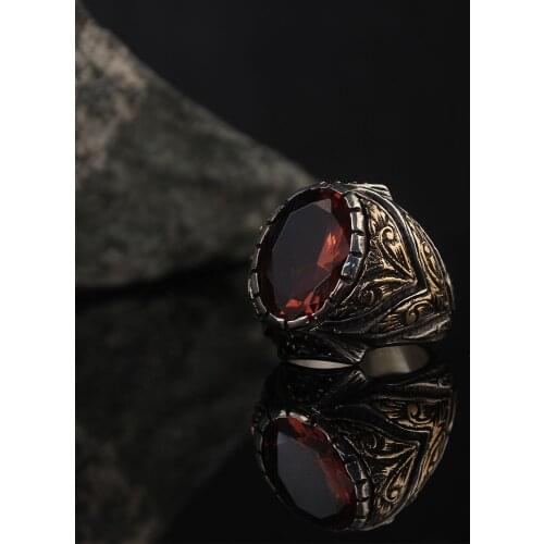 Red Zircone Traditional Turkish 925 Sterling Silver With Gold Plate Handmade Signet Rings Jewelry Gift From Turkey for Women Men