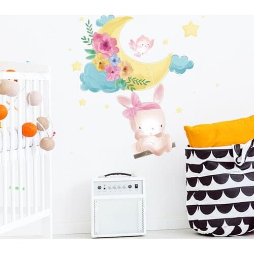 Cute bunny swinging moon Wall Sticker child kids room decoration wallpaper bedroom home decor Decals Cartoons nursery stickers