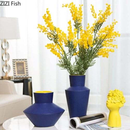 Nordic Minimalist Blue Ceramic Vase Artificial Flowers Flower Arrangement Living Room Decoration Floral Vases Home Decor Modern