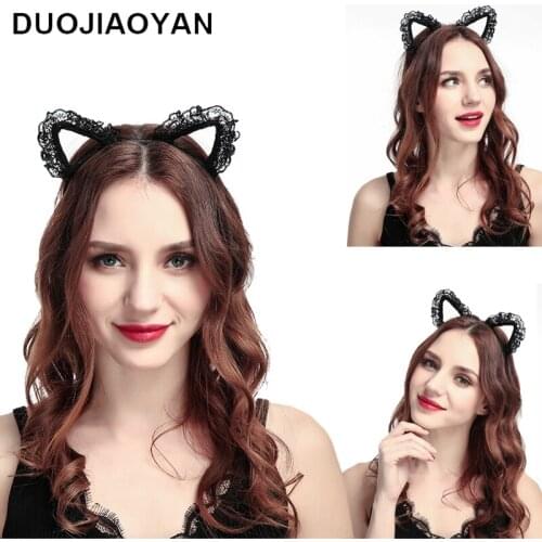 DUOJIAOYAN 2020 New Sexy Cat Ear Headband Cute Women Gril Hair Hoop Cosplay Halloween Party Hairband Black Sexy Animal Headpiece