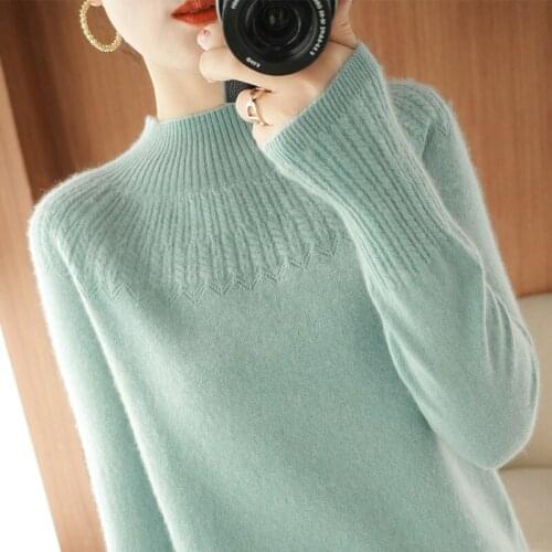 2021 new autumn and winter semi high neck cashmere sweater womens Pullover Sweater 100 pure wool loose knit bottomed sweater