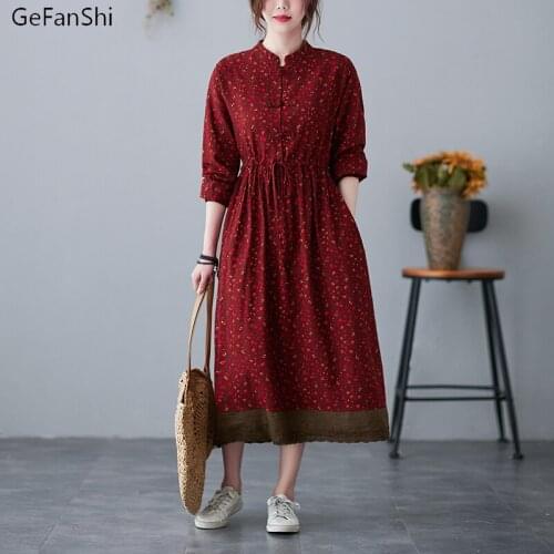 New Arrival Autumn Winter Women Dresses Casual Long Sleeve Loose Print Cotton Linen Dress Fashion Elegant Dress Clothing Robe