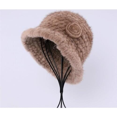 2021 Luxury Womens Mink Fur Knitted Winter Top Hat Bucket Caps Fashion With Flower Lady Real Fur Beanies