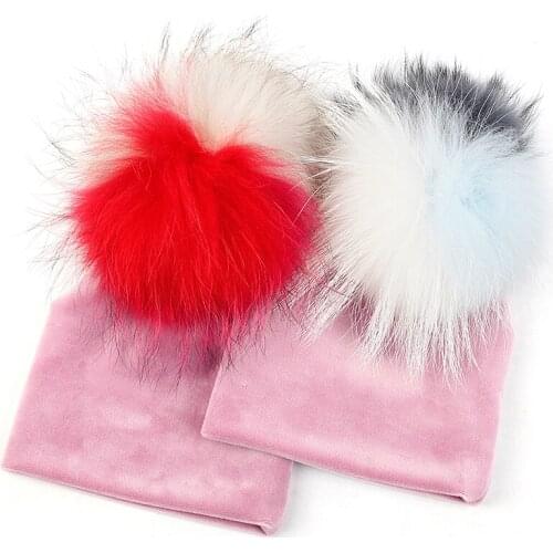 Baby Cute Beanies Hairball Elastic Hat Winter Warm Girls Boys Beanie Hats Unisex 0-3 Month With 15cm Real Fur Pompom Skull Caps