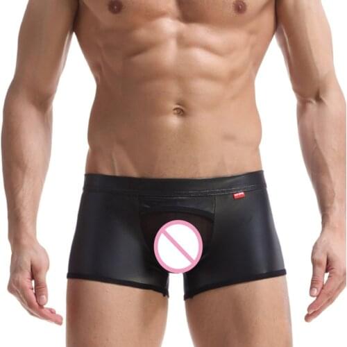 Men Boxers Ga Underwear PU Leather Mens Boxer Shorts Man Underwea Male Underwear Underpants Mens Underwear Hoop Hollow Out