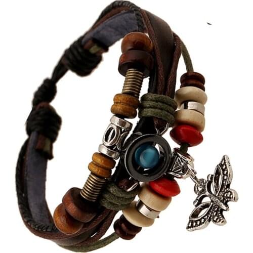 Bohemia Bead Butterfly Bracelets Multilayer Hand Woven Leather Alloy Men Women Bracelet Ethnic Style Jewelry