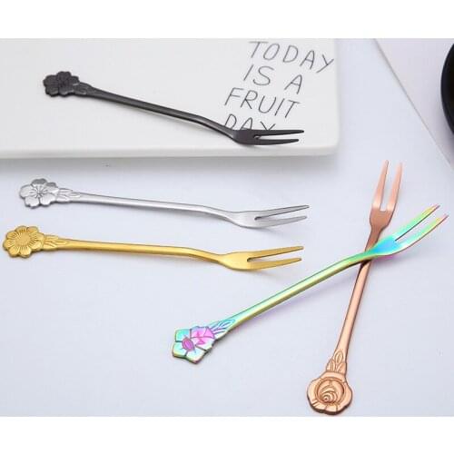 1Pc Stainless Steel Flower Shape Two-tine Fork Colorful Fruit Forks Cake Tea Fork Dessert Salad Flatware Home Party Utensils