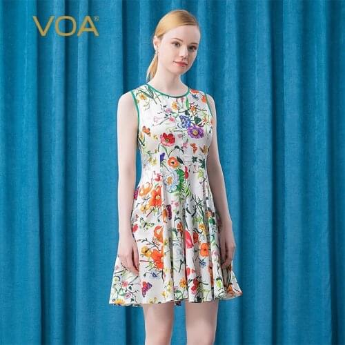 VOA Silk Floral Dress Satin Elastic White Fashion Printing Round Neck Sleeveless Blue Edge Sweet Dresses for Women 2021 A1202