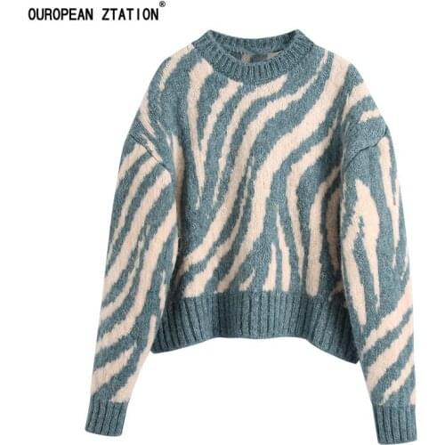 2021 autumn Women Fashion jacquard animal zebra print knit sweater Retro casual long sleeves Knitted female pullover tops