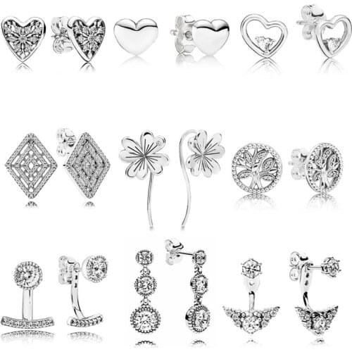 925 Sterling Silver Lucky Four-leaf Clovers Tree Of Love Hearts Of Winter Frost pan Crystal Earrings For Women Jewelry Gift