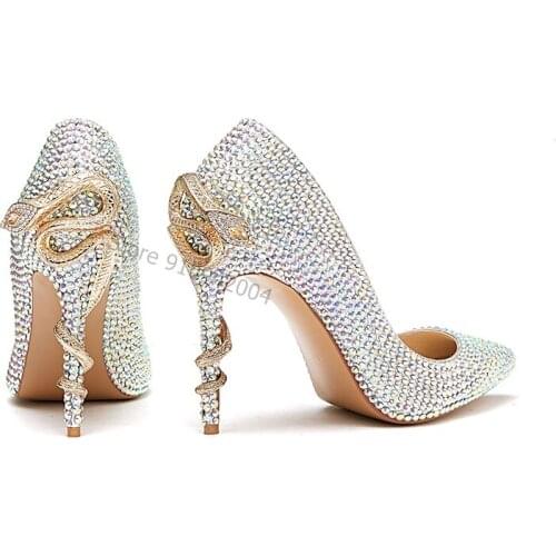 Women pointed toe rhinestone high heels shoes Chic diamonds snake heels party shoes elegant wedding shoes