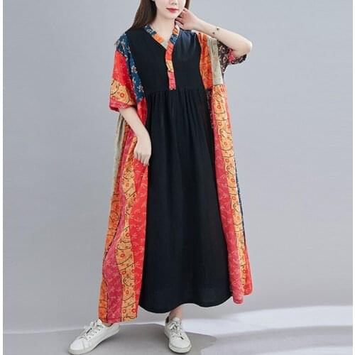 Oversized Women Cotton Linen Long Dress New Arrival 2021 Summer Vintage Style Patchwork Color Print Female Casual Dresses S3360