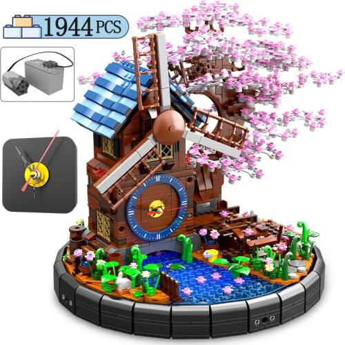 1944pcs City Street View Electric Spin Windmill Sakura Tree House Building Blocks Friends Architecture Bricks Toys for Children