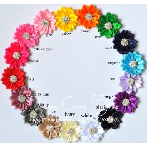 200pcs/lot 2" 17Colors Artificial Satin Ribbon Flowers With Crystal Button For Baby Accessories Fabric Flowers For Headbands