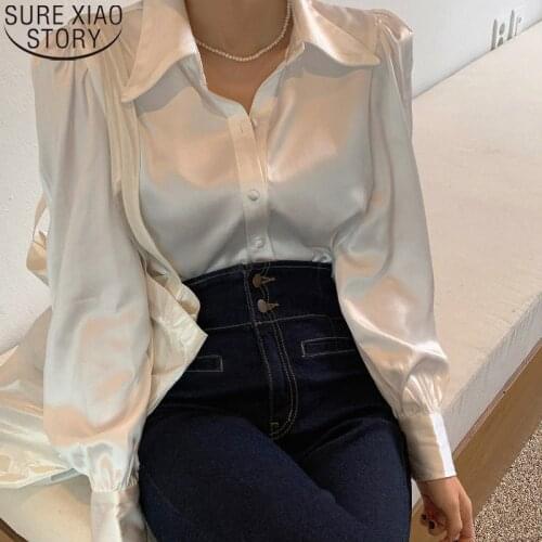 Korean Loose Satin Blouse Women Button Up Shirt Puff Long Sleeve Lapel Shirt Chic Elegant Women Shirts Tops Blusas Mujer 12635