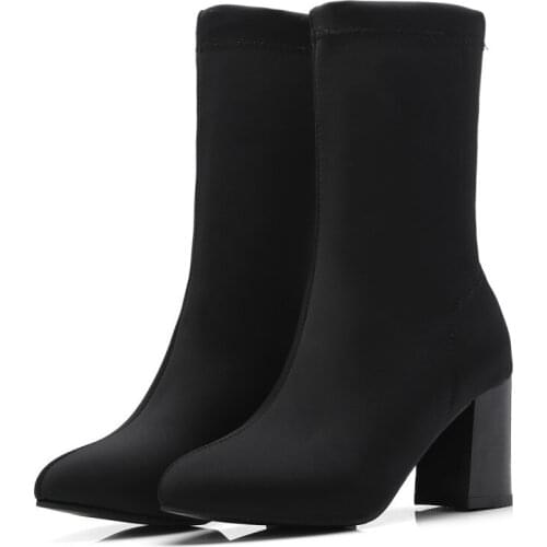 Big Size Ma'am Coarse heel Short boots Pure color Fashion boot barrel High heel boots