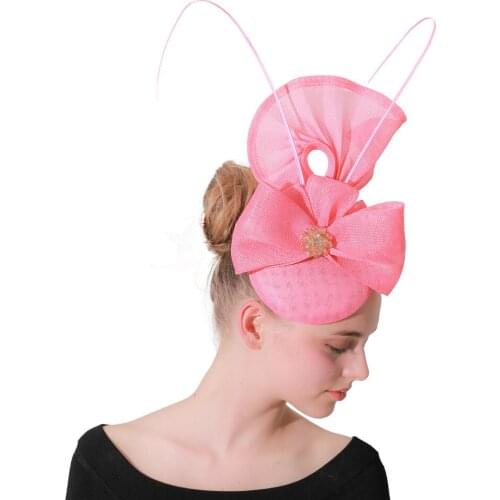 Church Wedding Pink Bow Fascinator Hats Women Elegant Ladies Headwear Hair Clips Fedora Caps Feather Decoration Millinery XMF201