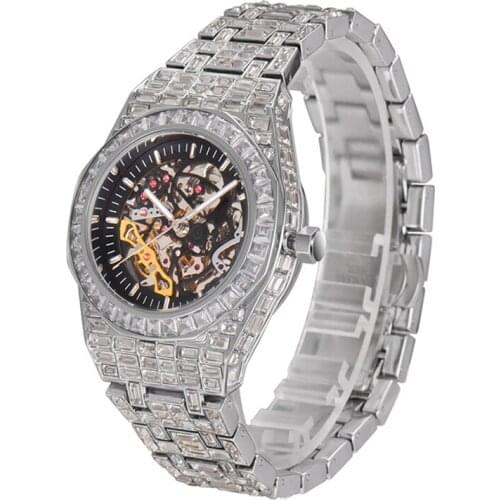Fashion Iced Out Baguette Diamond Mens Mechanical Watch Stainless Steel Luxury Men Sports Wrist Watches