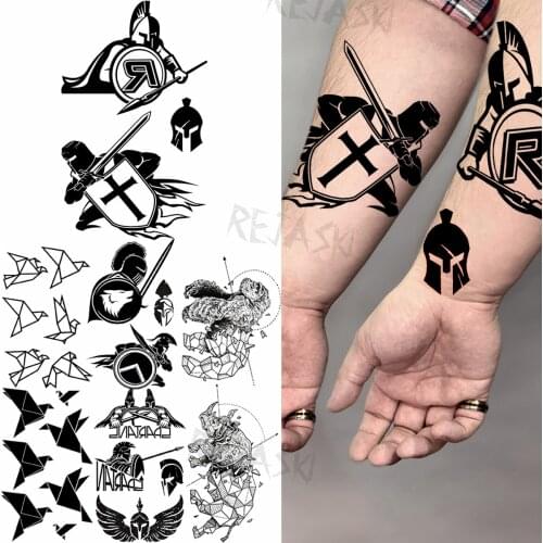 Black Spartan Cross Temporary Tattoos For Men Adult Paper Crane Orangutan Rhino Realistic Fake Tattoo Unique Disposable Tatoos