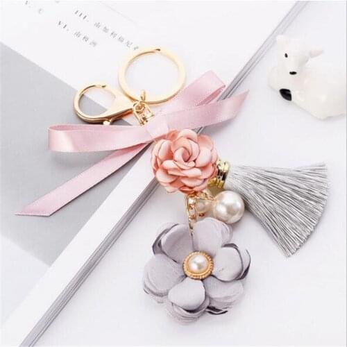 Fresh Fabric Pink Flower Bow Keychain For Women Tassel Cool Keyring Best Gift For Friend Jewelry Wholesale