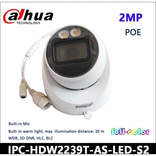 Dahua 2MP IP Camera IPC-HDW2239T-AS-LED-S2 LED Full color Fixed-focal Eyeball Network Camera replace IPC-HDW2231T-AS-S2