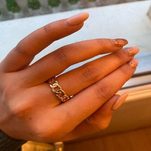Gold Color Plating Chain Shape Ring Wide For Unisex Vintage Gothic Punk Street Style Adjustable Ring Jewelry Party Gift