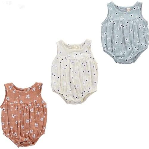 0-18M NEW Summer Boho Infant Baby Girls Cotton Linen Romper Floral Print Sleeveless Soft Playsuit Jumpsuit 3 Colors