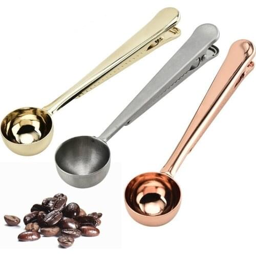 Two-in-one Multifunction Coffee Spoon Stainless Steel Milk Tea Ground Coffee Scoop With Bag Seal Clip Coffee Measuring Spoon