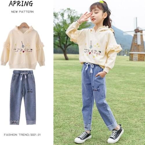 Fashion Kids Girls Clothing Set Cartoon Cat Hooded Coats and Denim Pants 2 Piece Outfits Costumes for Kids Children Sport Sets