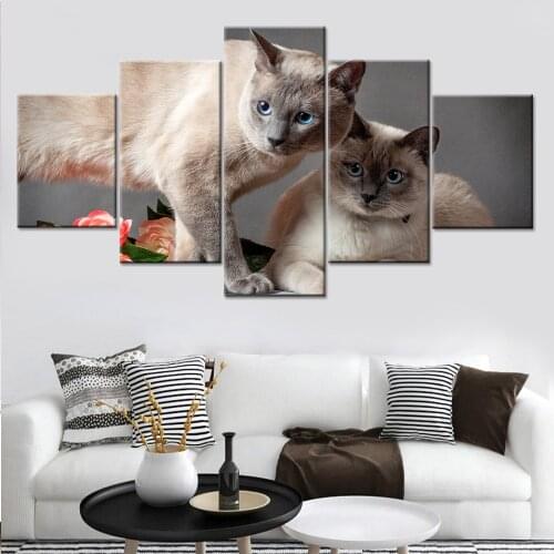 Canvas Wall Art Pictures Living Room Home Decor 5 Pieces Animal Cats And Flowers Painting Modular HD Printed Poster Framework