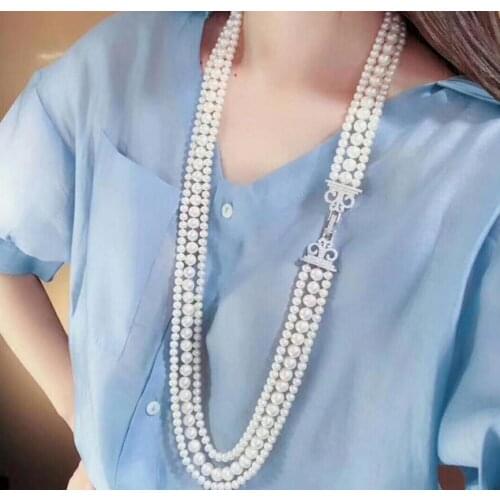 Free shipping three rows 7-10mm south sea round white pearl necklace 22"23"24"