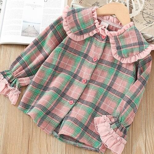 Girls shirt childrens clothing new 2021 spring autumn long-sleeved shirt Cotton linen lattice shirt printed baby Girls clothes