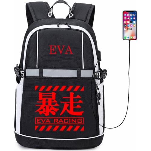 New EVA Backpack Cosplay Anime USB Bags Man Women Oxford Reflective Stripe Schoolbag Travel Bags