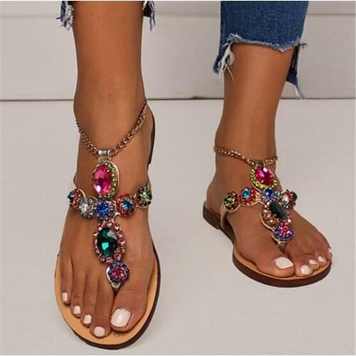 Women Sandals chain Rhinestones Summer Shoes Woman Beach Flat Sandals Plus Size Flip Flop Ladies Soft Bottom Slippers Female