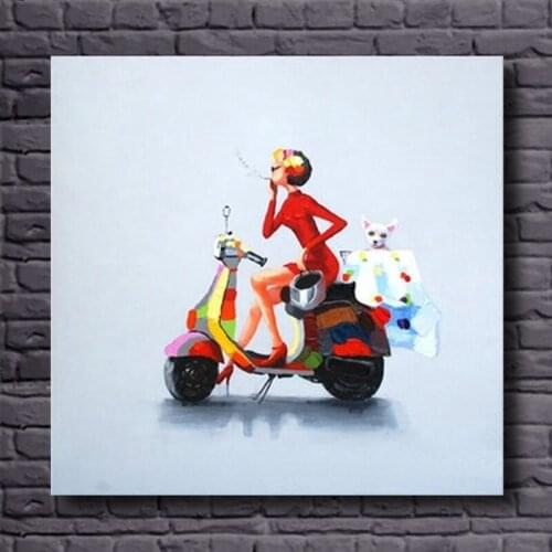 Modern Abstract Oil Painting Smoking Lady Sit on Motorcycle Sexy Figure Painting on Canvas Handmade Canvas Art for Living Room