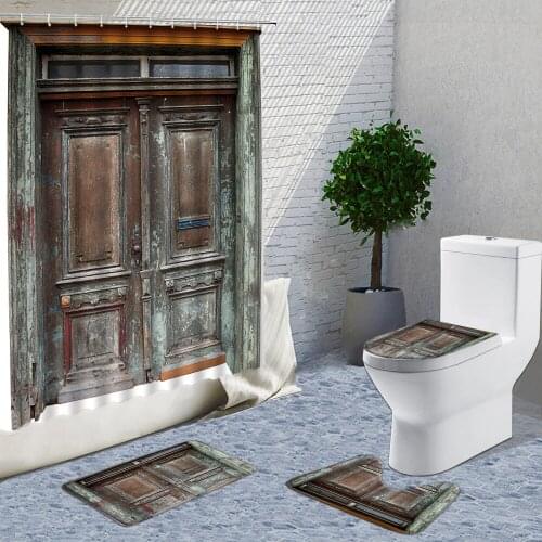 Old Vintage Wooden Door Shower Curtains 4 Piece Set Medieval Retro Home Bathroom Decoration Curtain Set Bath Mats Rug Carpet