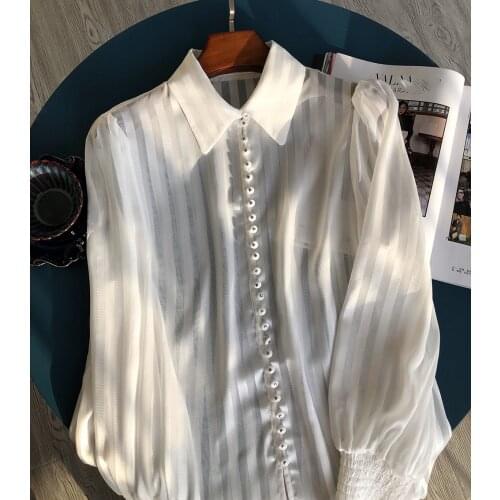 2021 Spring & Summer Newest Ladies Satin Strip Multi-button Micro-transparent Thin Blouse Shirt Top