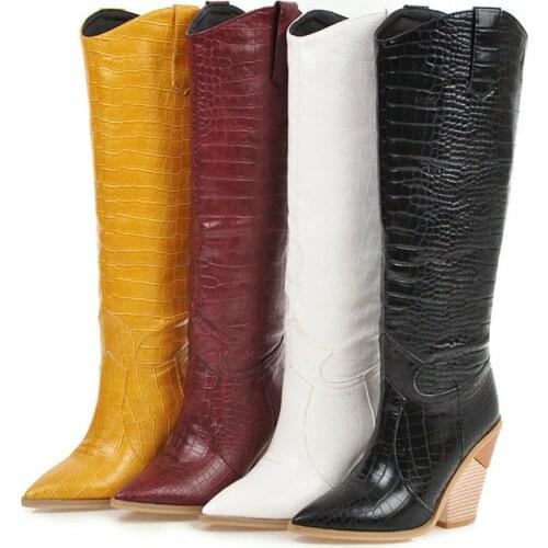 Black Yellow White Knee High Women Boots Western Cowboy Boots for Women Long Winter Boots Pointed Toe Cowgirl Wedges Motorcycle