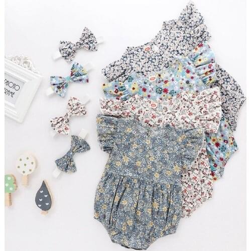 Baby Girl 2pcs Romper Bow-knot Beadband 2021 Summer Floral Print Clothes Set Sleeveless Ruffles O-neck Jumpsuit for Babies Girls