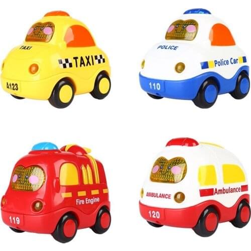 4 Set Push and Go Mini Car, Friction Powered, Screen Button for Light and Music, Poly Car, Fire truck, Ambulance, Taxi