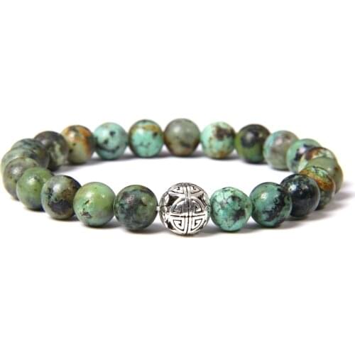 Vintage 8mm Green African Turquoises Beads Bracelet Fashion Silver Color Round Ball Charm Energy Bracelet for Women Men Jewelry