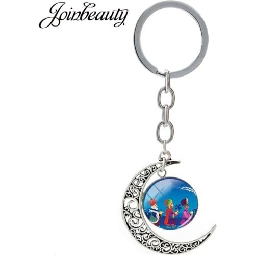 JOINBEAUTY Three King Cartoon Picture Charm Keychain Moon Shaped Round Glass Pendant Keyring Jewelry Car Key Accessories TK15